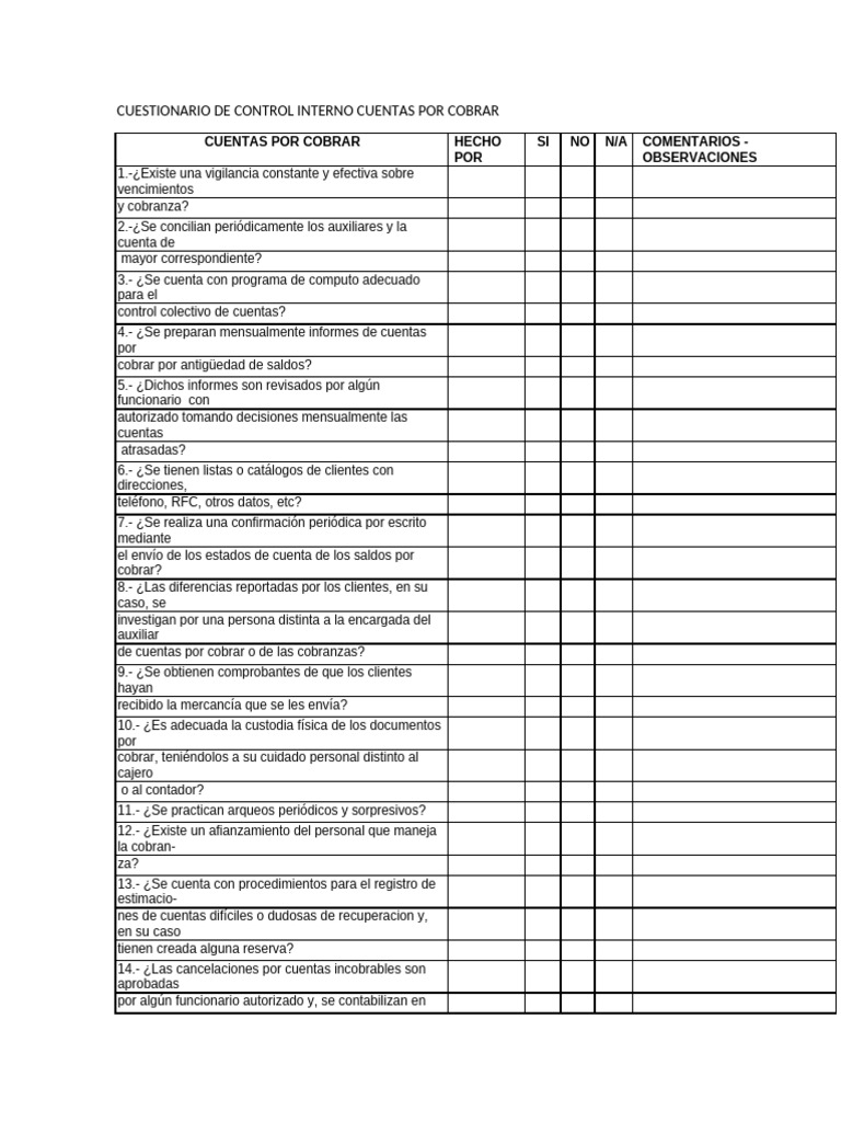 Cuestionario de Control Interno Cuentas | PDF