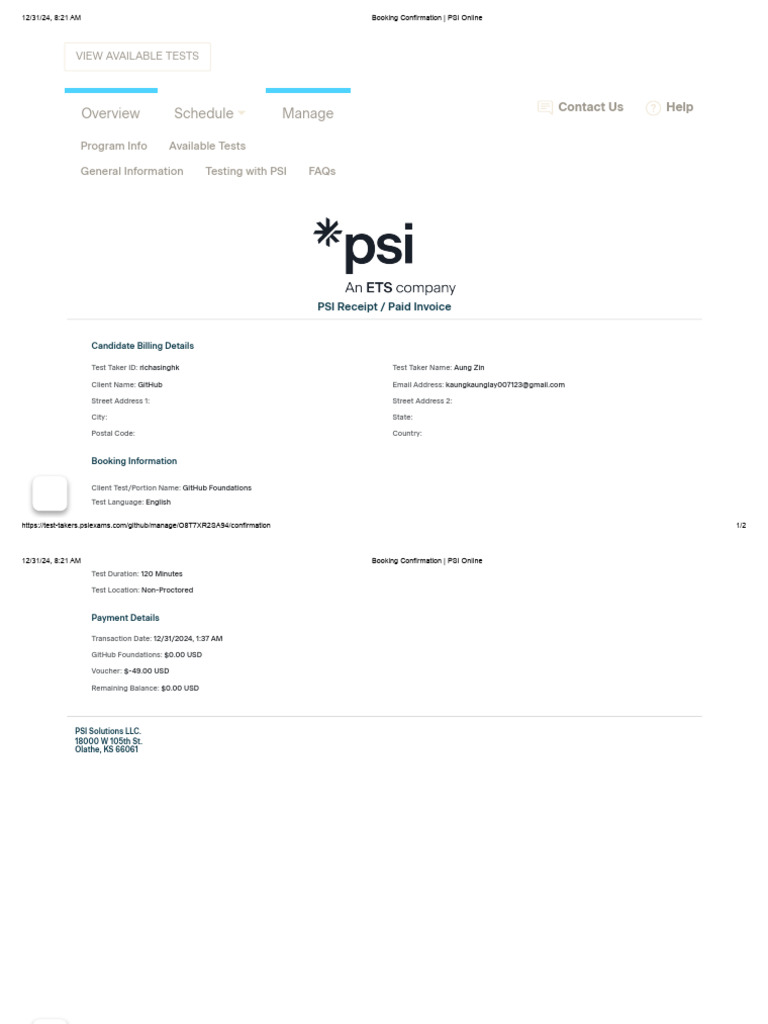 Booking Confirmation - PSI Online | PDF