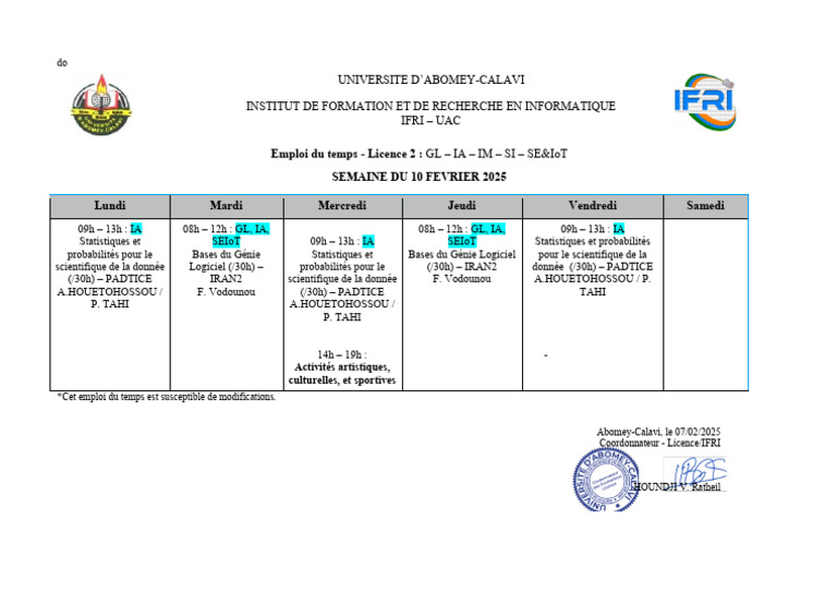 Emploi du temps Licence 2 IFRI UAC 2025 | PDF