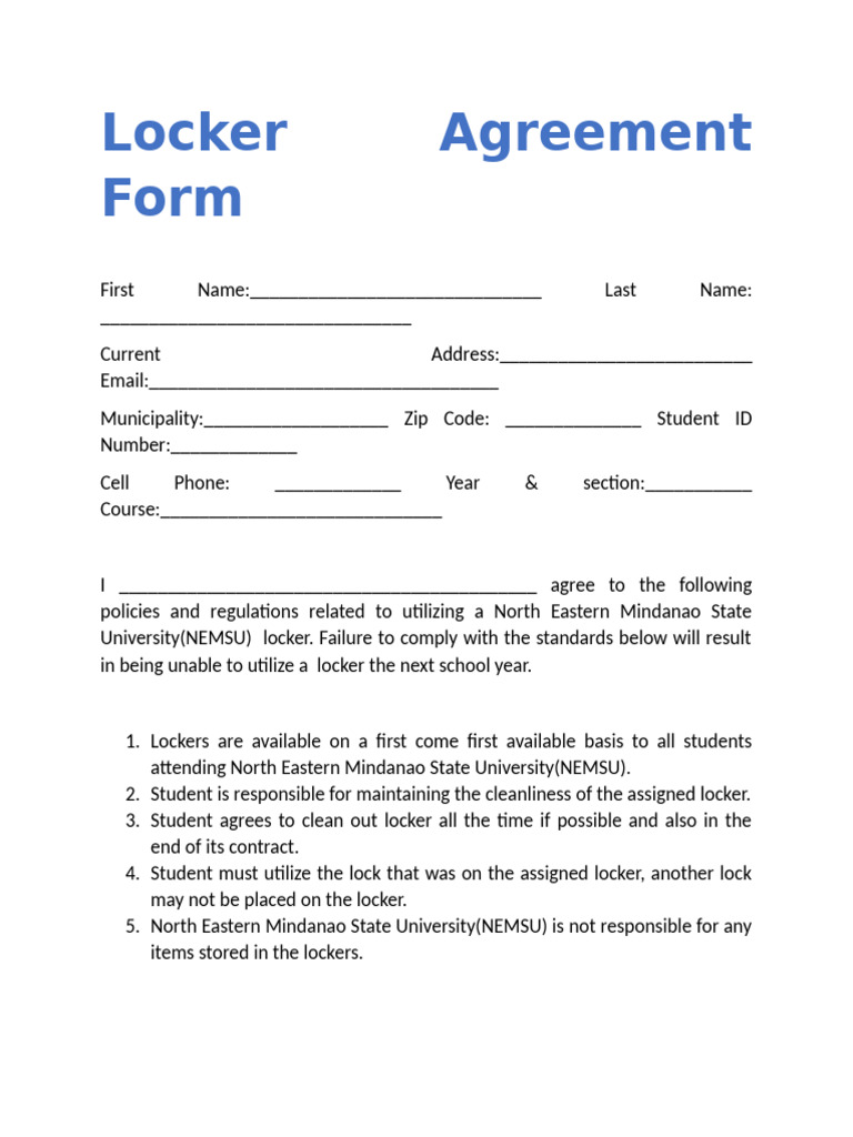 Locker Agreement for NEMSU Students | PDF