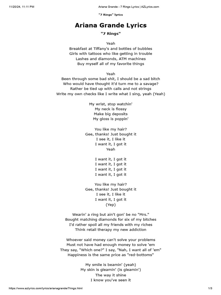 Ariana Grande - 7 Rings Lyrics | PDF