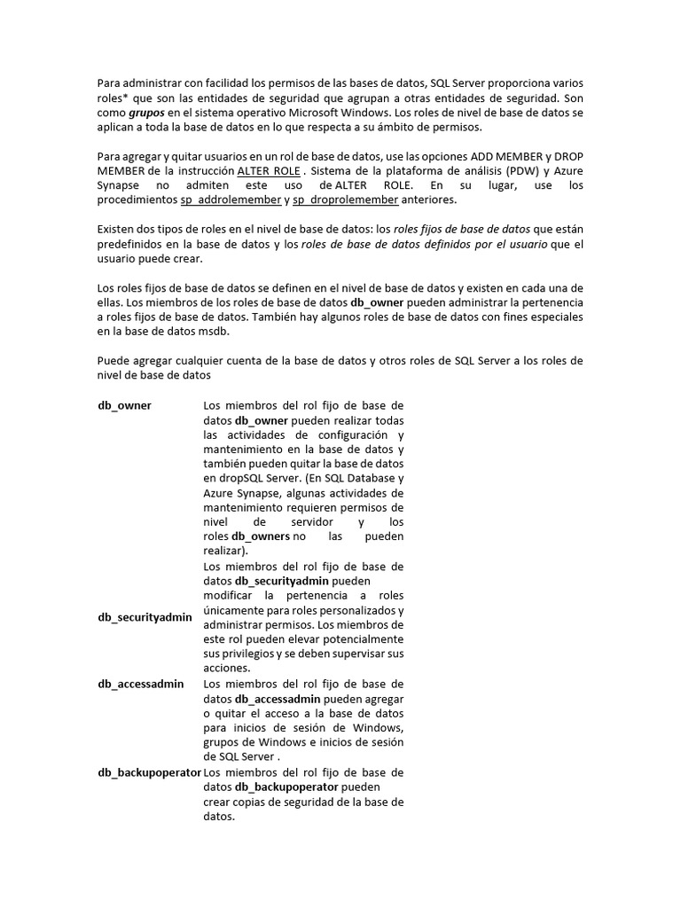 Roles y permisos en SQL Server | PDF | Sistema de información ...