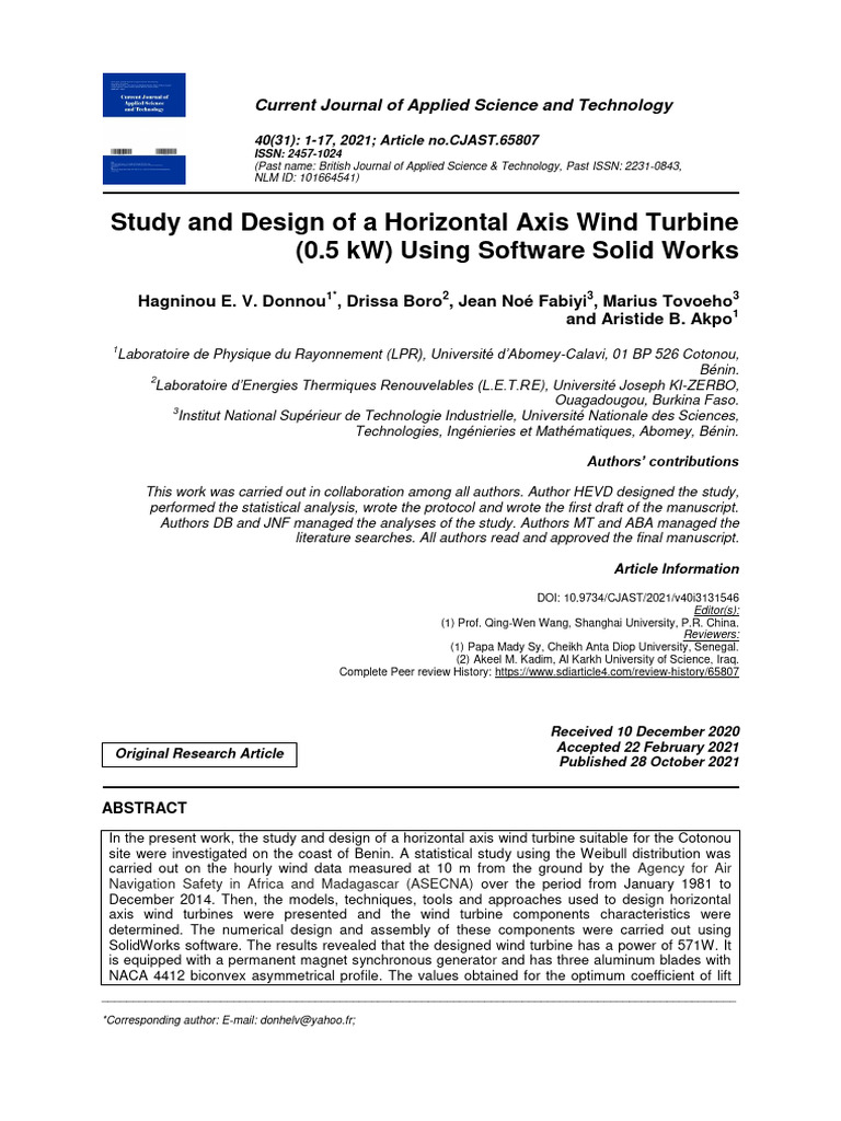 Study and Design of A Horizontal Axis Wi | PDF | Wind Turbine | Turbine