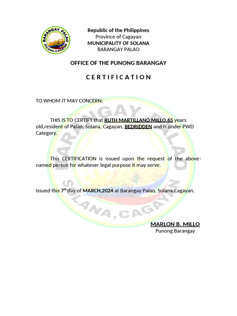 Certification of Bedridden PWD in Solana | PDF