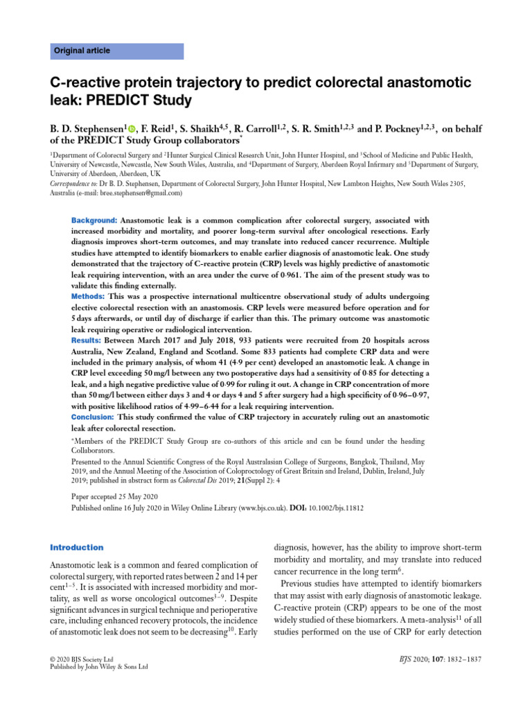 CRP Trajectory Predicts Colorectal Leaks | PDF | C Reactive Protein ...