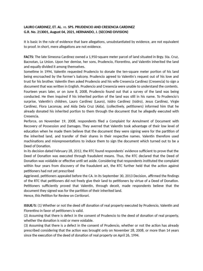Cardinez Land Donation Dispute | PDF | Burden Of Proof (Law) | Deed