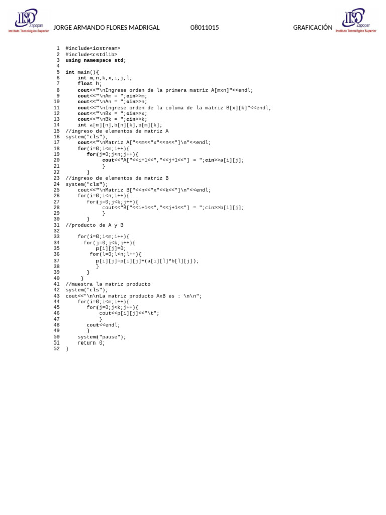 Producto de Matrices en C++ | PDF