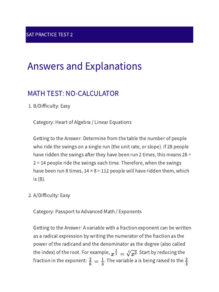 SAT Math Practice Test 2 Answers | PDF | Equations | Quadratic Equation