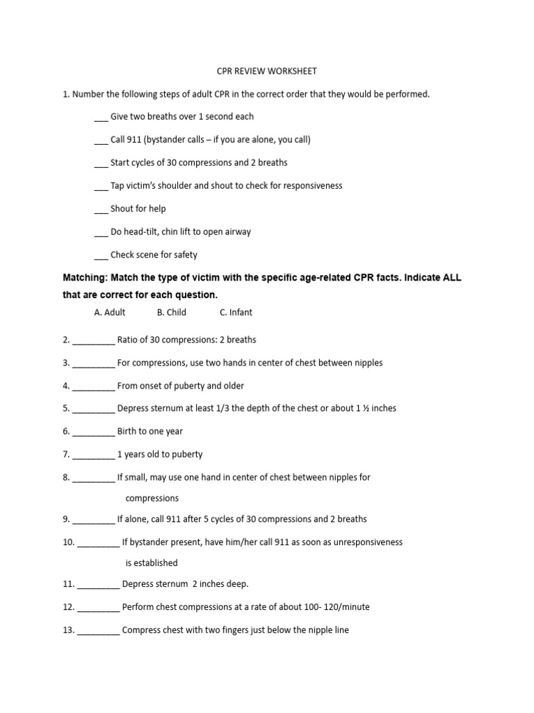 Adult CPR Review Worksheet Guide | PDF | Cardiopulmonary Resuscitation ...