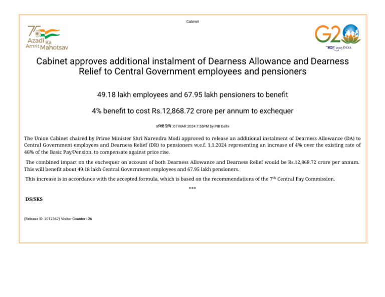 Cabinet Approves 4% DA Increase for Employees | PDF