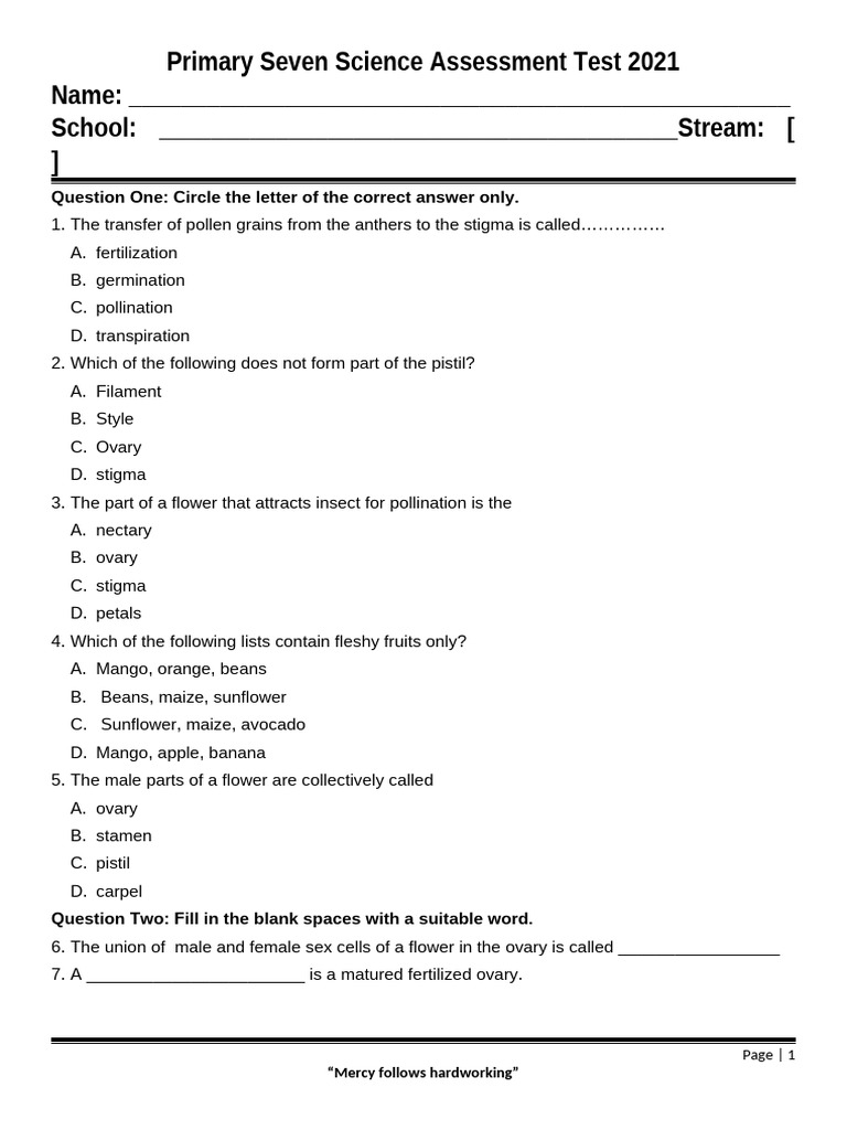 Primary Seven Science Test 2021: Pollination | PDF | Flowers | Pollination