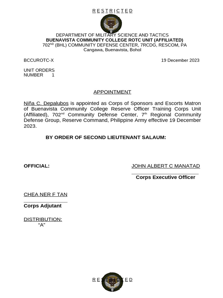 Appointment Orders for ROTC Sponsors | PDF | Reserve Officers' Training ...