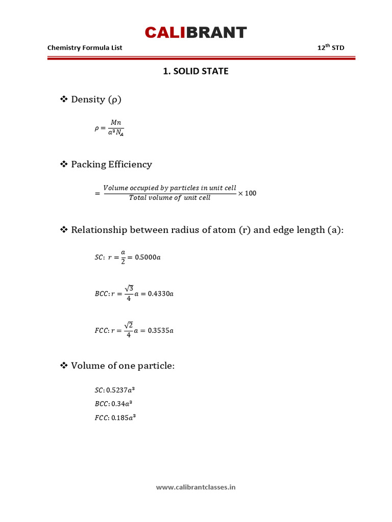 Class 12 Chemistry: Solid State Formulas | PDF