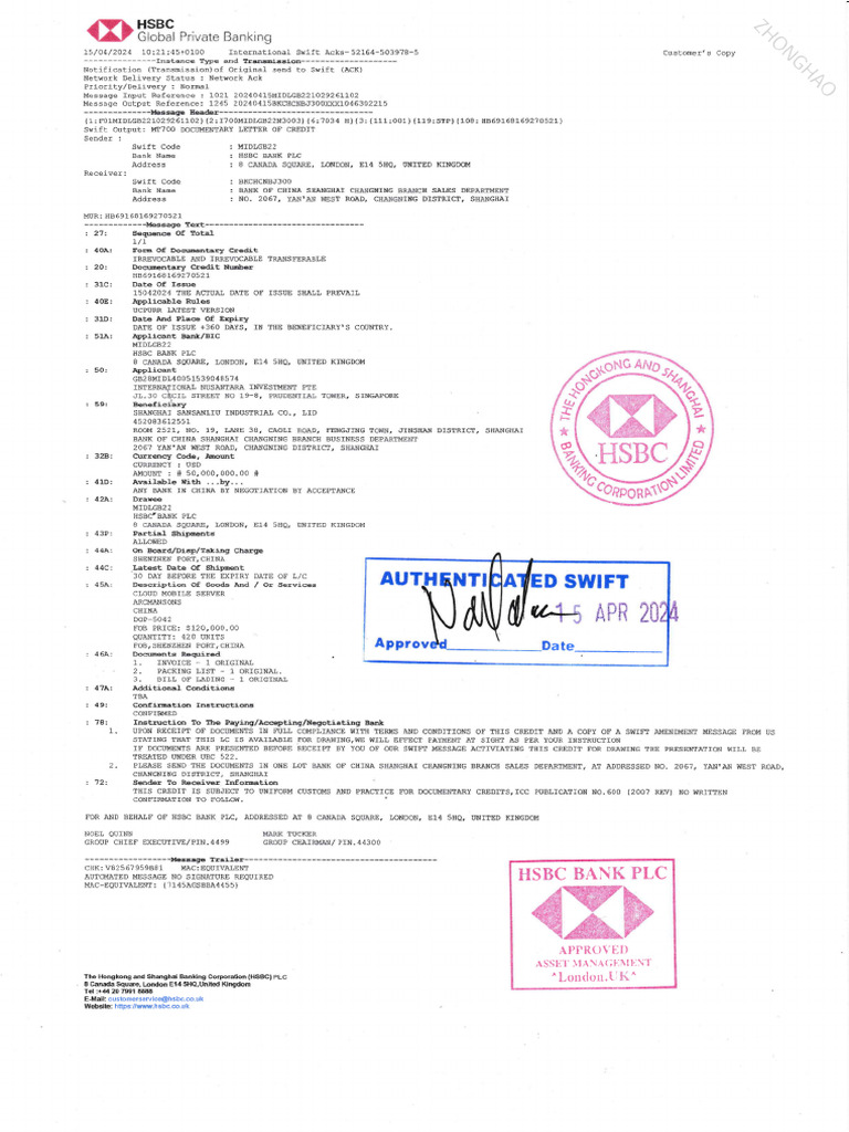 Swift MT 700 DLC HSBC Uk To Boc - 0001 - Zhong - T | PDF