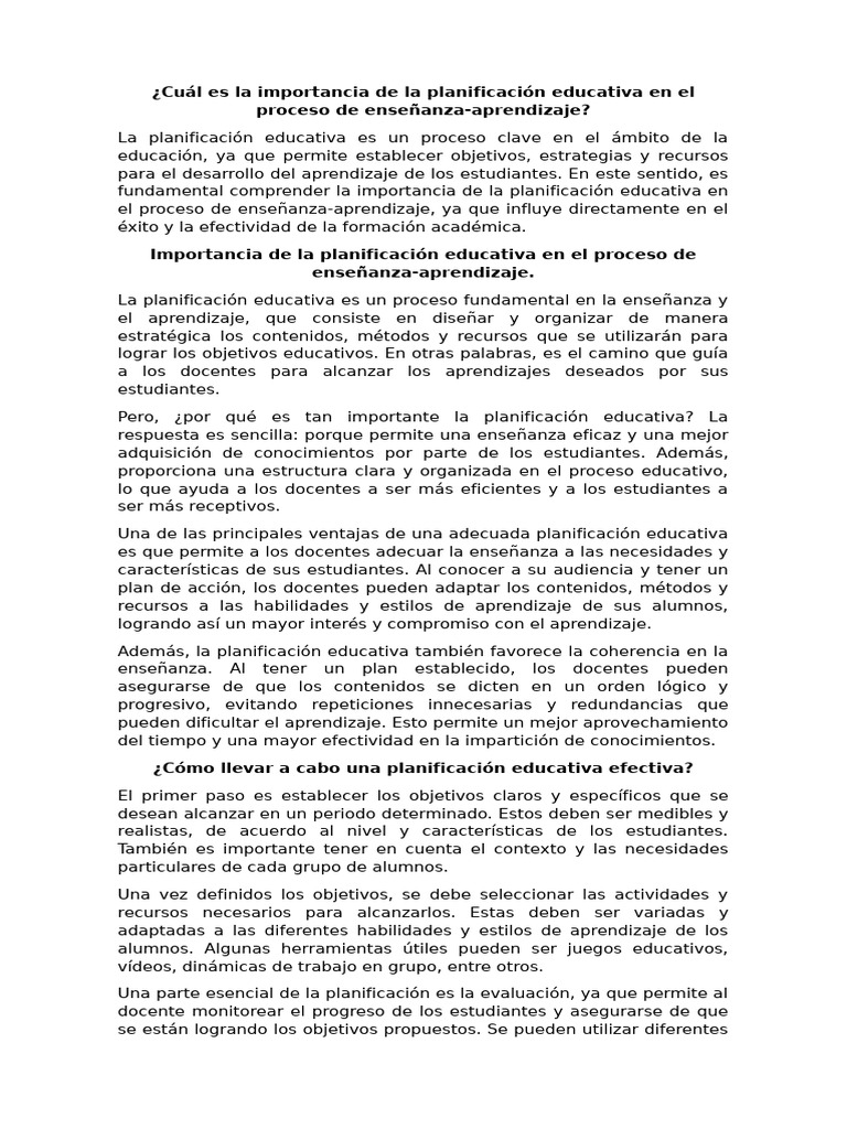 Importancia de la Planificación Educativa | PDF | Enseñando | Aprendizaje