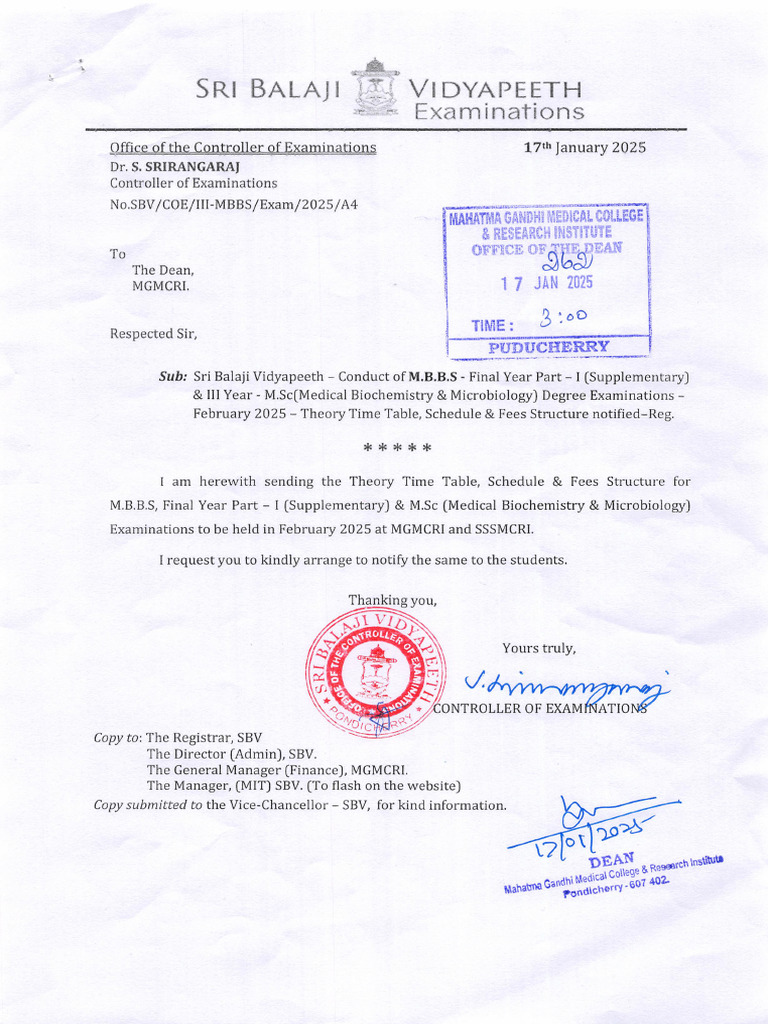 MBBS Final Year Part I February 2025 Supplementary Exam Schedule | PDF