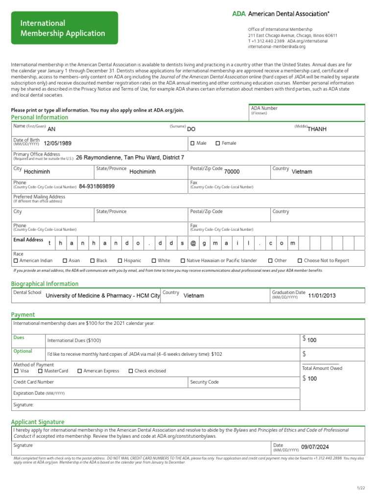 International Membership Application for ADA | PDF | Mail | Credit Card