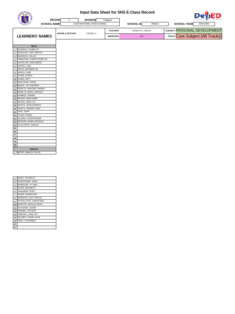 SHS E-Class Record 2024-2025 | PDF