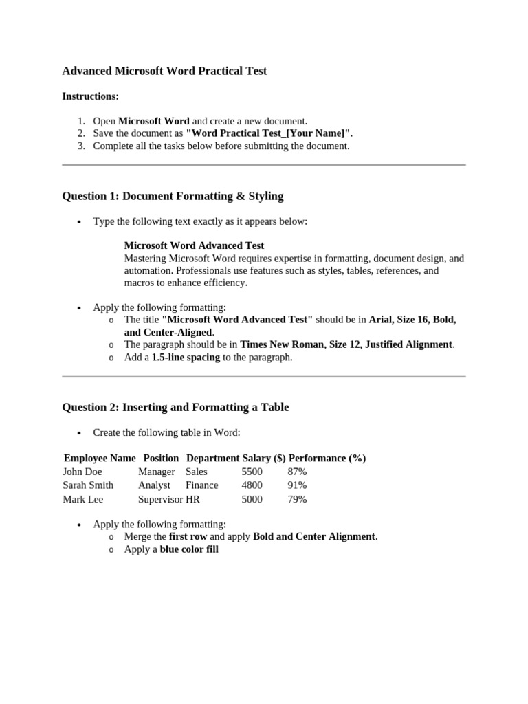 Advanced Microsoft Word Practical Test | PDF
