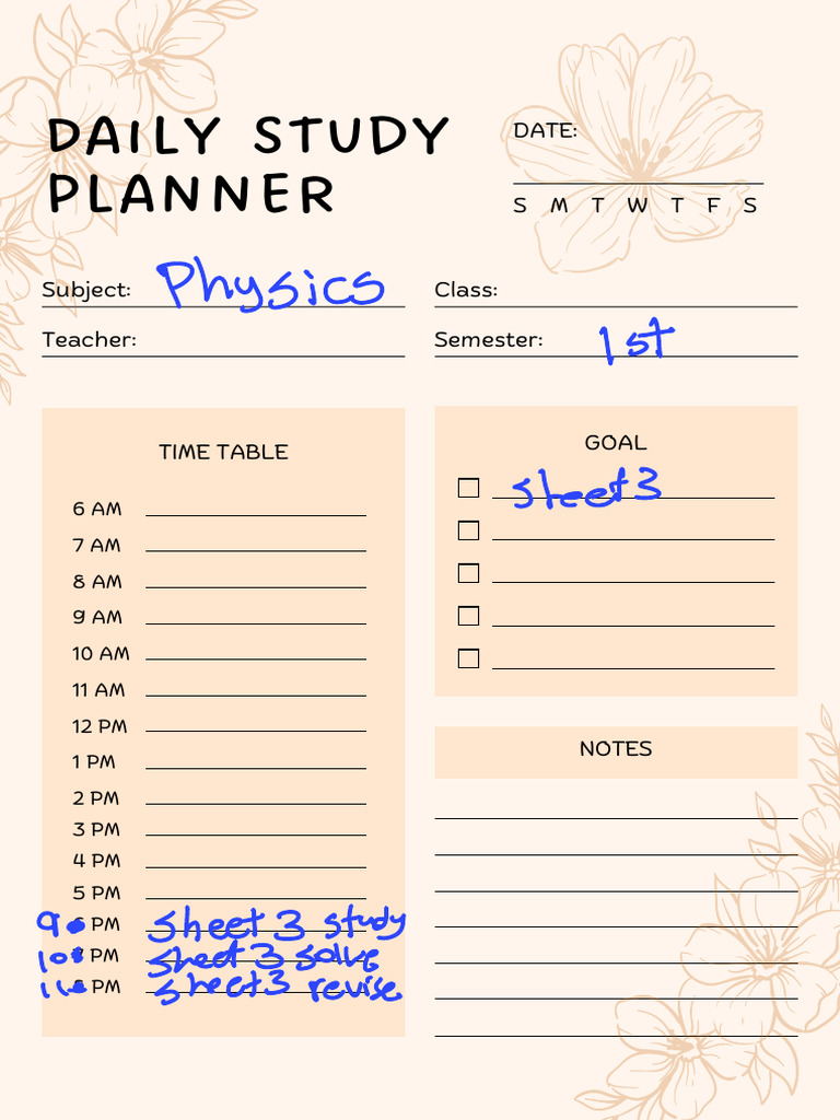 Beige Illustrative Floral Daily Study Planner | PDF