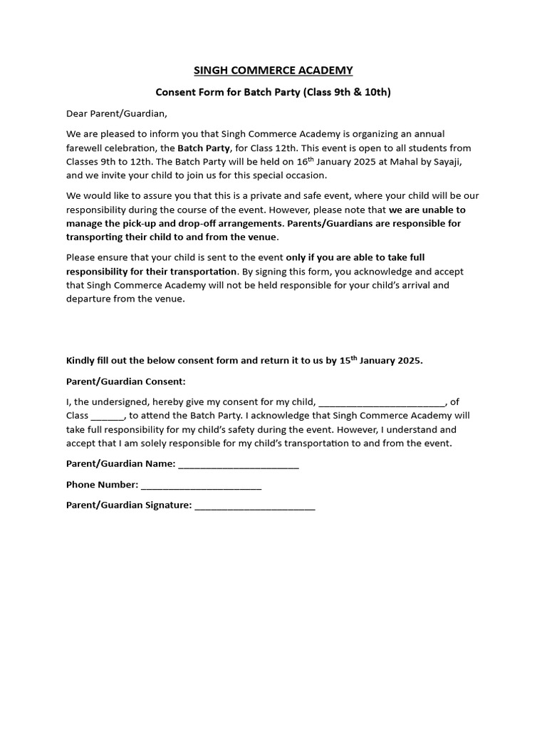Parental Consent for Batch Party Event | PDF