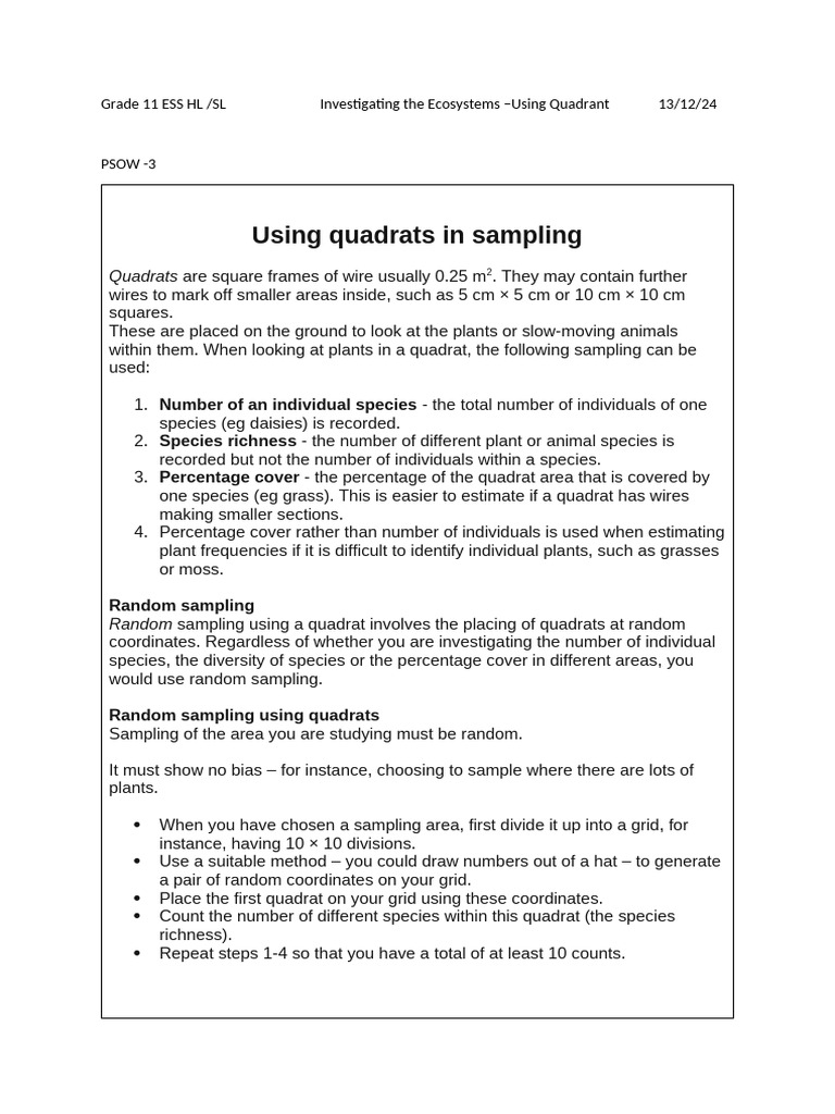 Quadrat Sampling in Ecosystem Studies | PDF | Sampling (Statistics ...