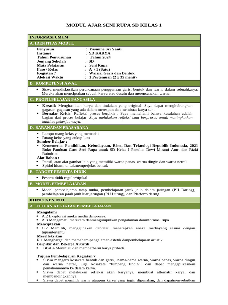 Modul Ajar Seni Rupa Kelas 1 SD | PDF