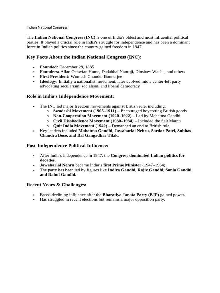 Overview of Indian National Congress | PDF