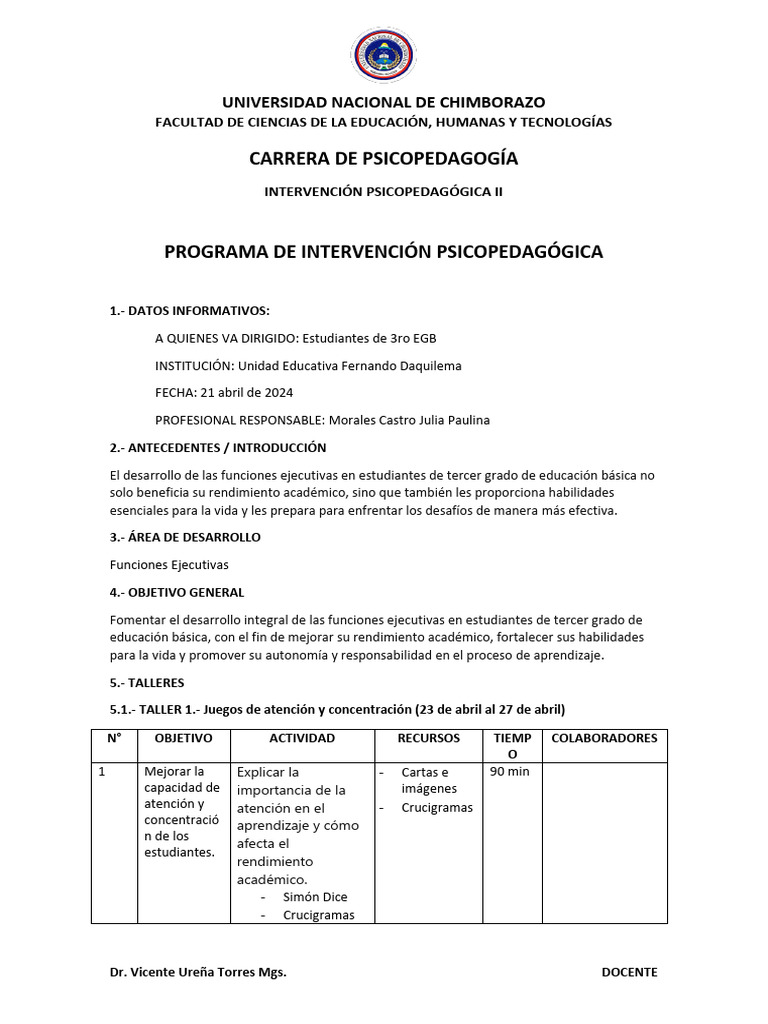 Programa de Intervención Psicopedagógica - Morales Julia | PDF ...