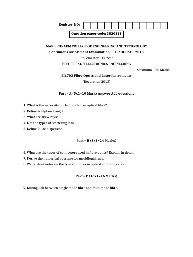 Fibre Optics Exam Paper - EEE 2018 | PDF