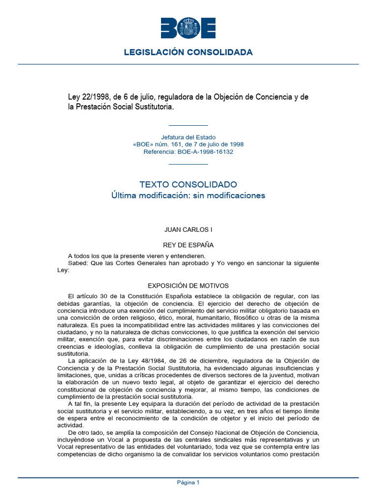 Ley 22/1998 sobre Objeción de Conciencia | PDF | Objetor de conciencia ...