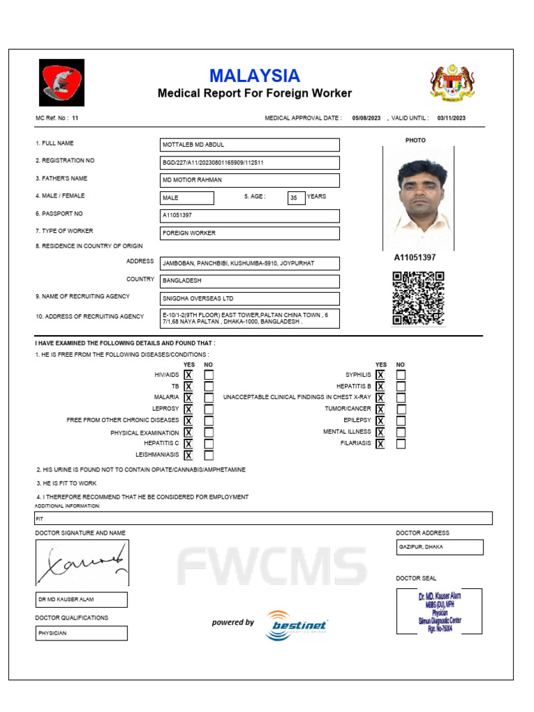 Malaysia Worker Health Certificate | PDF | Physician | Medicine