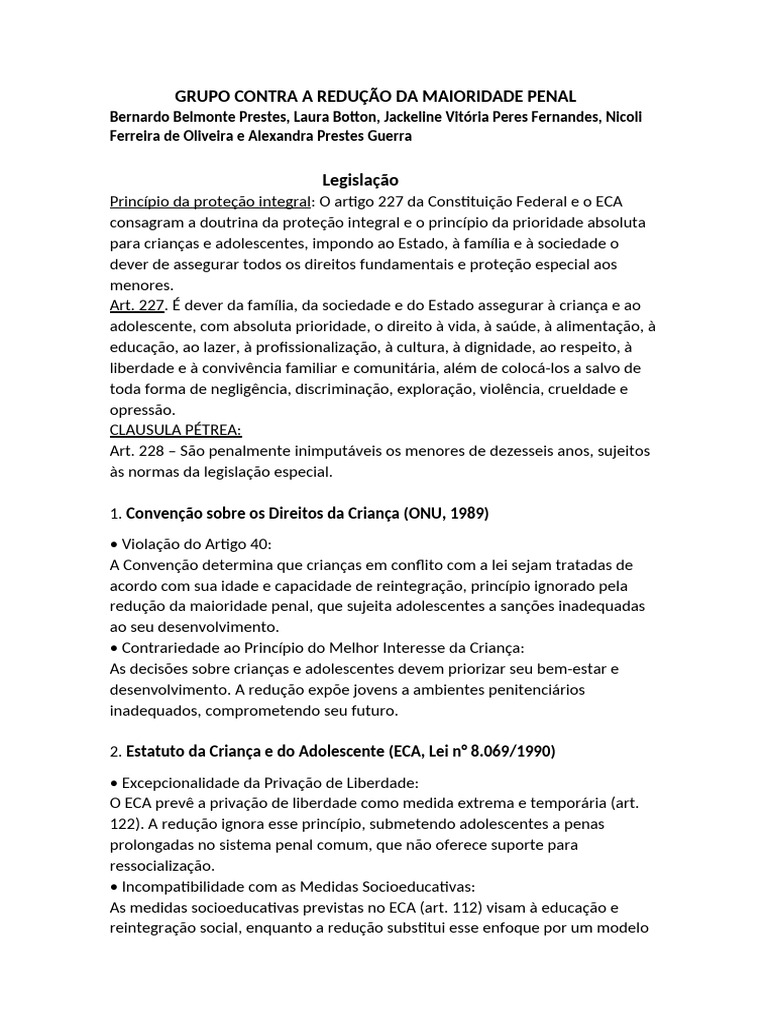 Argumentos Contra a Redução da Maioridade Penal | PDF | Adolescência ...
