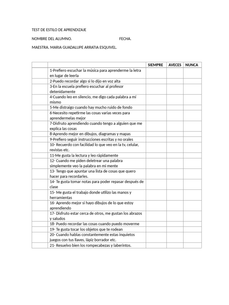 Test de Estilo de Aprendizaje | PDF