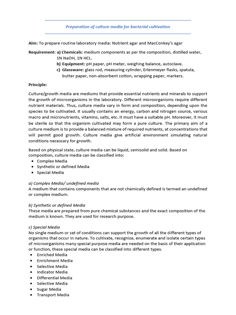 Bacterial Culture Media Preparation Guide | PDF | Growth Medium | Agar