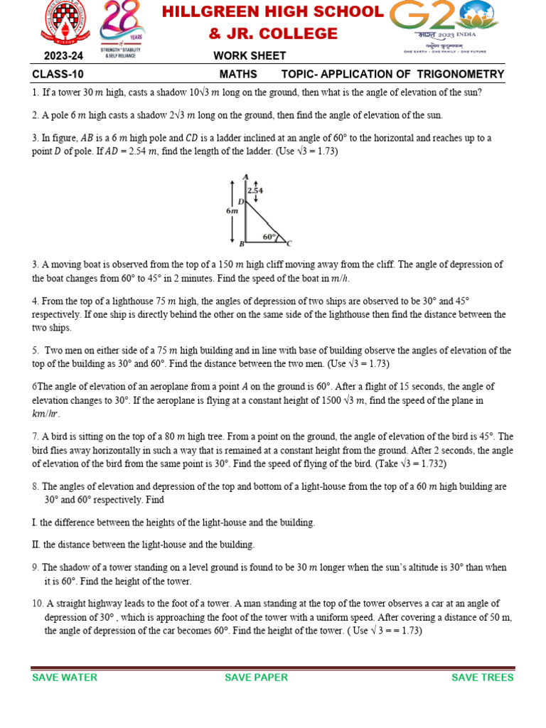 Worksheet-10-Maths-Application of Trigonometry | PDF