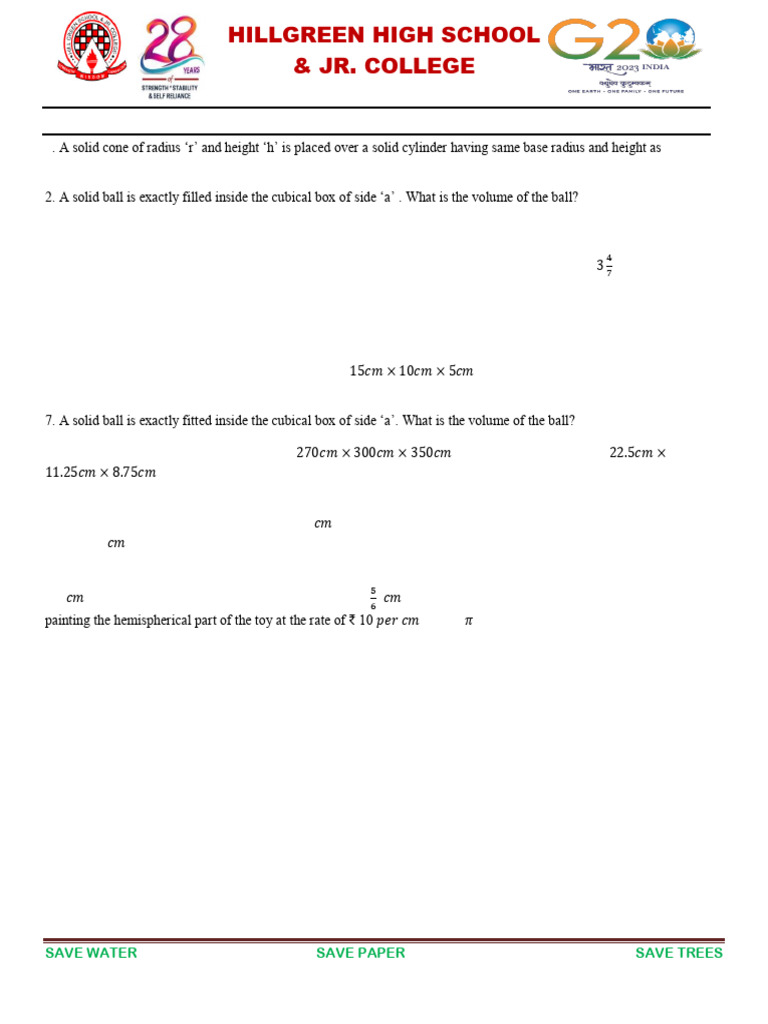 Class 10 Surface Area & Volume Worksheet | PDF