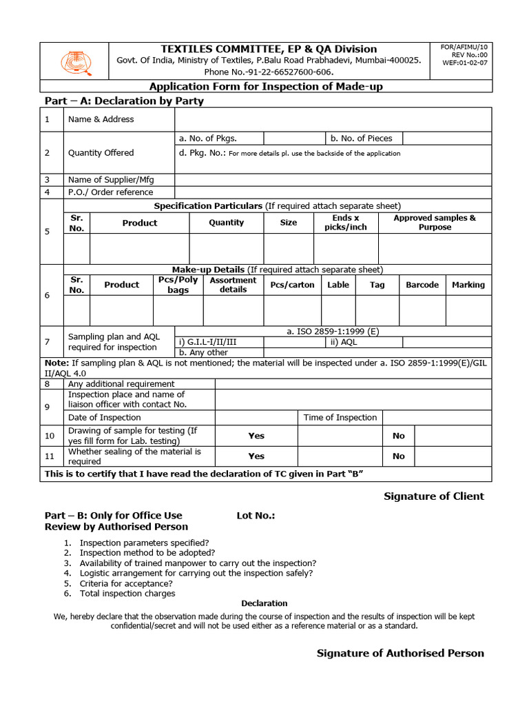 Textile Inspection Application Form | PDF
