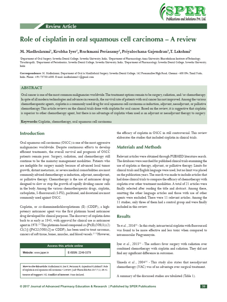 Role of Cisplatin in Oral Squamous Cell Carcinoma A Review | PDF ...