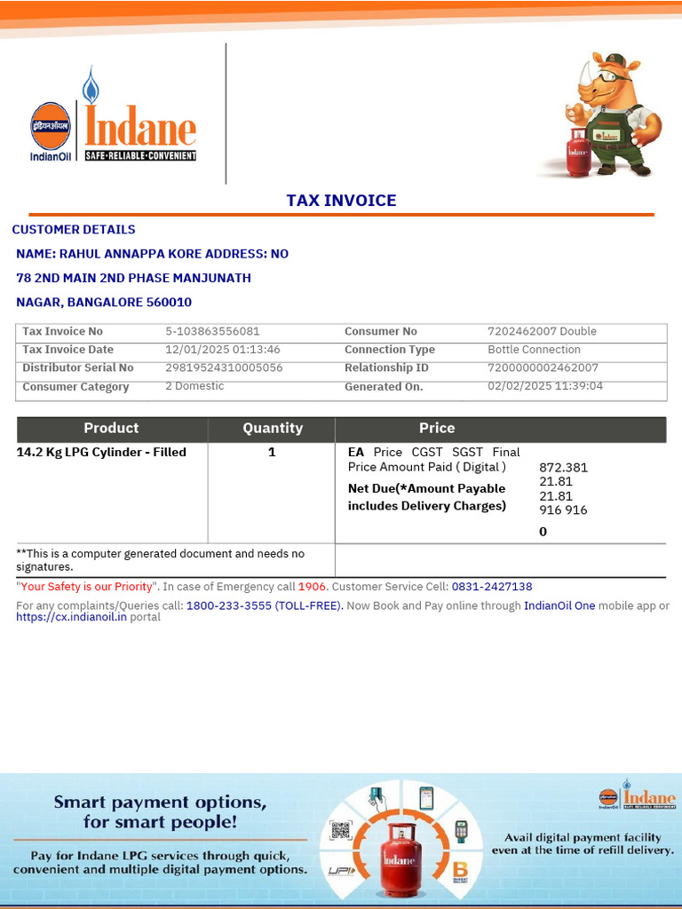 Tax Invoice for Domestic LPG Cylinder | PDF | Liquefied Petroleum Gas