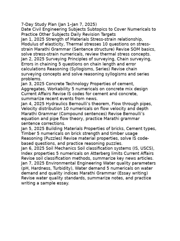 7-Day Study Plan (Jan 1–Jan 7, | PDF