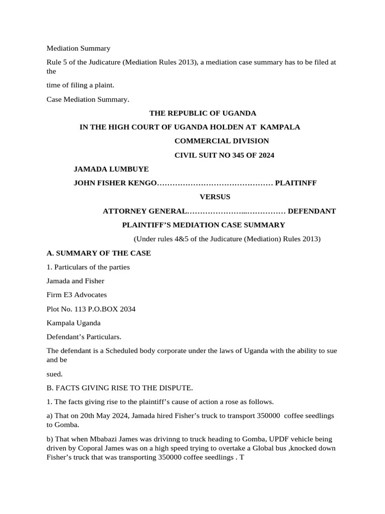 Mediation Case Summary: Uganda 2024 | PDF | Lawsuit | Public Law