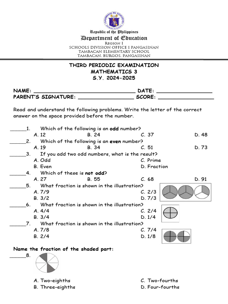 Math Exam for Grade 3 Students | PDF | Symmetry | Odds