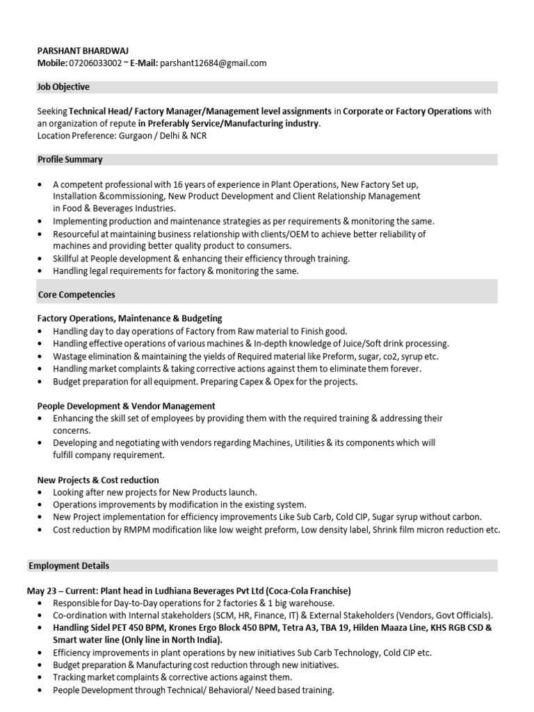 Plant Head - Ludhiana Beverages PVT Ltd-Coca Cola Franchise | PDF