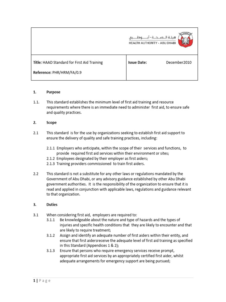 Standard For First Aid Training Jan 2011 | PDF | First Aid ...