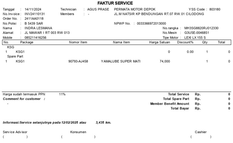 Faktur Servis Motor LEXI LX 155 | PDF