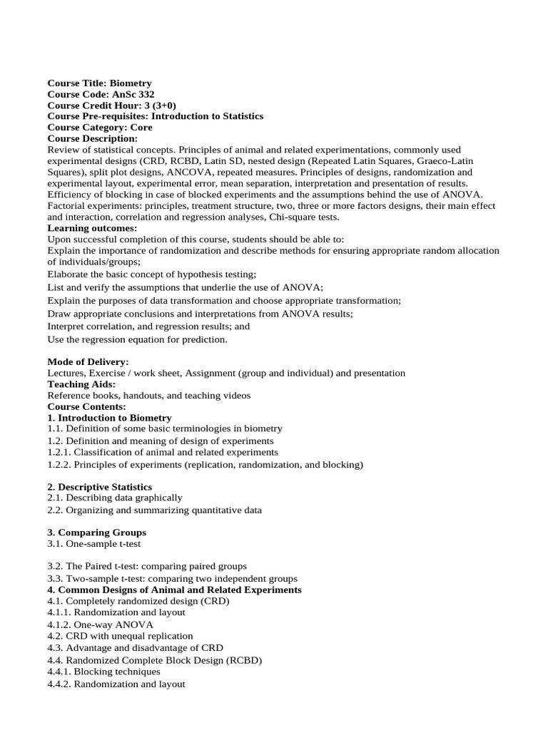 Biometry Course: Experimental Design & Analysis | PDF | Analysis Of ...