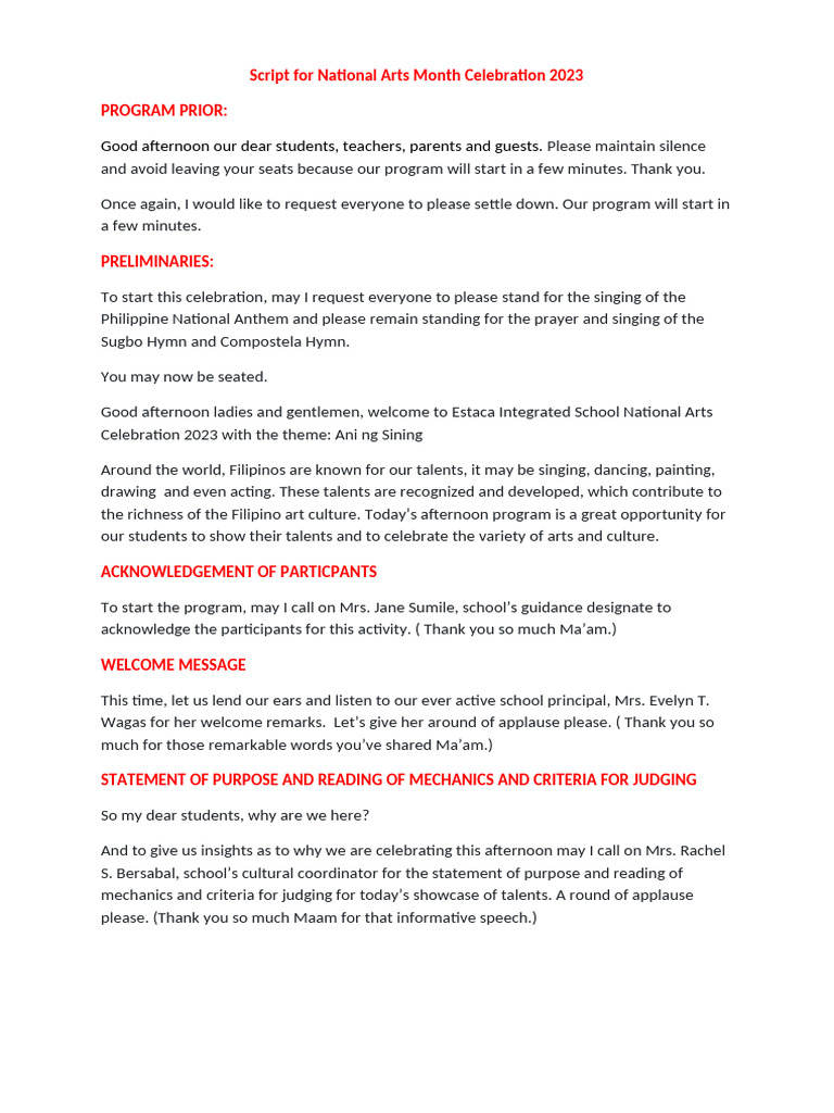 National Arts Month Celebration 2023 Script | PDF