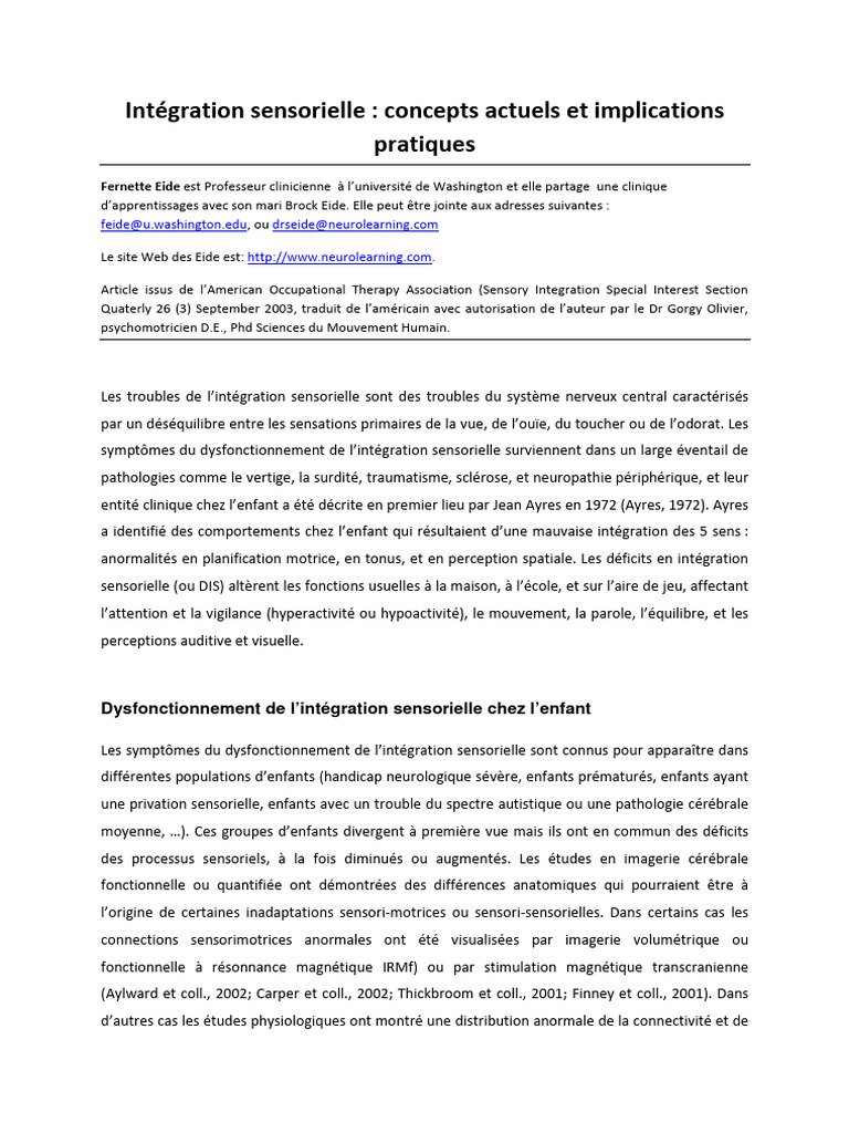 Dysfonctionnement de l'intégration sensorielle | PDF | Sens ...