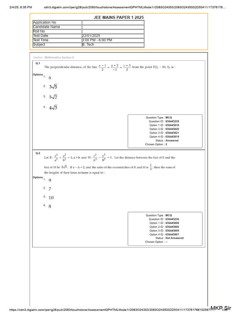 JEE Mains Answer Key Shift 2 - Jan 2025 | PDF | Multiple Choice ...